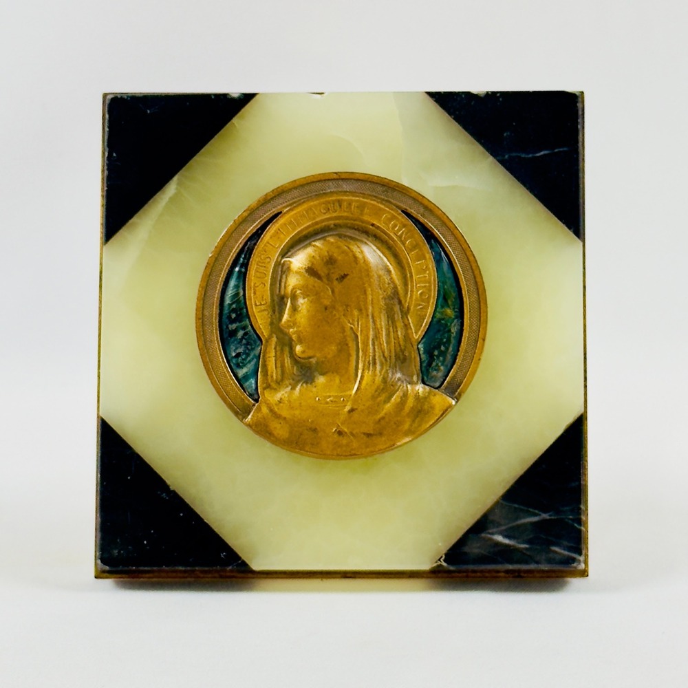 Rare Antique Virgin Mary Religious Bronze Icon on Onyx Agate, Brass Stand 3x3 in